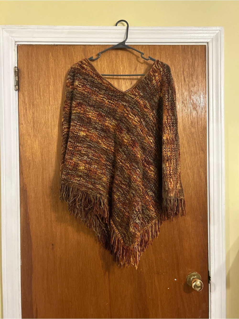 Alfred Dunner Multi-Tone Fringe V-Neck Poncho — Brown & Mustard